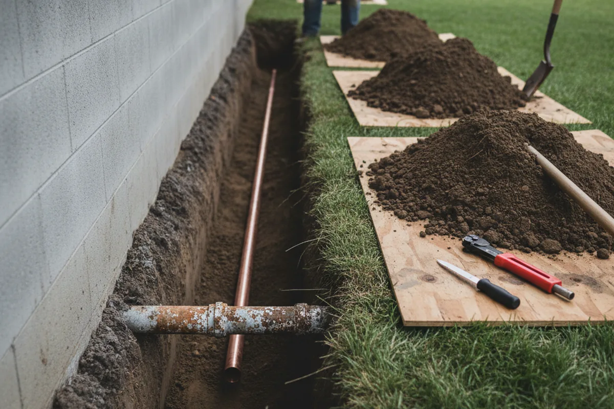 Excavated water line trench during Sewer Line Repair in Berkley